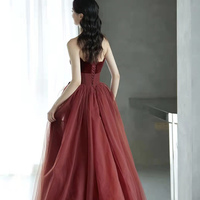 Burgundy tulle sequins long prom dress evening dress - Thumbnail 4