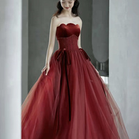 Burgundy tulle sequins long prom dress evening dress - Thumbnail 5