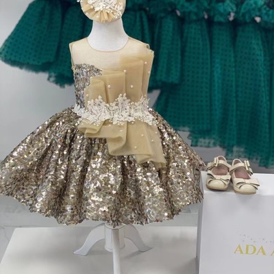 Gold flower girl dresses sheer neck - Thumbnail 2