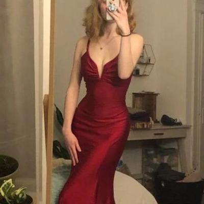 Mermaid spaghetti straps wine red long prom dress - Thumbnail 3