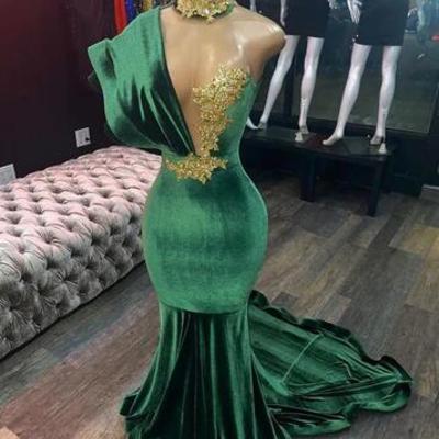 Mermaid green velvet long prom evening dresses - Thumbnail 1