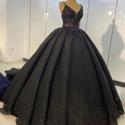 Spaghetti straps black lace ball gown prom dress dresses - Thumbnail 2