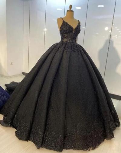 Spaghetti straps Black lace ball gown prom dress dresses