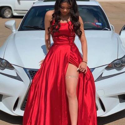 Floor length red satin long prom gown with slit  - Thumbnail 3