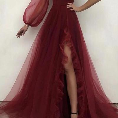 Burgundy one shoulder tulle evening dress - Thumbnail 1