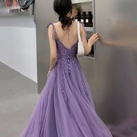 A line Purple tulle lace long prom evening gown - Thumbnail 2