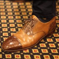 Latest Style Tan Brown Alligator Skin Leather Lace Up Cap Toe Shoes - Thumbnail 1