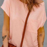 Pink Women's Short Sleeve Off Shoulder Casual T-Shirt - Thumbnail 1