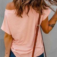 Pink Women's Short Sleeve Off Shoulder Casual T-Shirt - Thumbnail 2