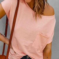 Pink Women's Short Sleeve Off Shoulder Casual T-Shirt - Thumbnail 3