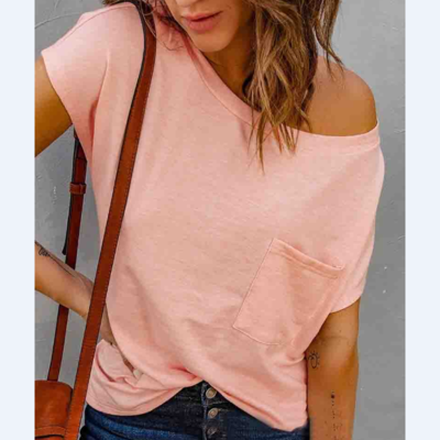Pink women's short sleeve off shoulder casual t-shirt