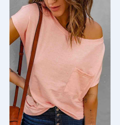Pink Women's Short Sleeve Off Shoulder Casual T-Shirt