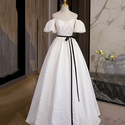 Champagne a line long prom dress evening dress - Thumbnail 1