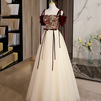 Elegant tulle embroidery long prom dress a line evening dress - Thumbnail 1