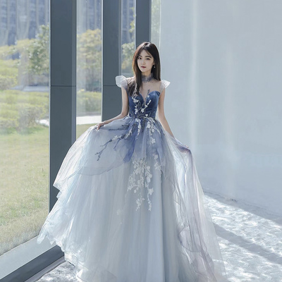 Blue tulle lace long prom dress blue evening dress