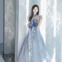Blue tulle lace long prom dress blue evening dress - Thumbnail 3