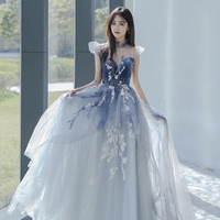 Blue tulle lace long prom dress blue evening dress - Thumbnail 4