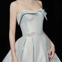 Blue satin long prom dress blue evening dress - Thumbnail 1