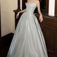 Blue satin long prom dress blue evening dress - Thumbnail 3
