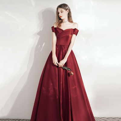 Burgundy satin long prom dress a line evening dress - Thumbnail 2