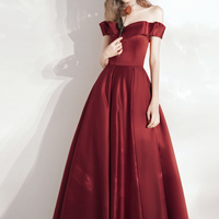 Burgundy satin long prom dress A line evening dress - Thumbnail 1