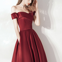 Burgundy satin long prom dress A line evening dress - Thumbnail 2
