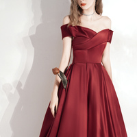 Burgundy satin long prom dress A line evening dress - Thumbnail 3
