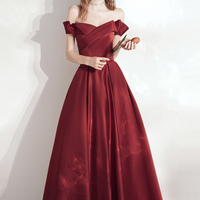 Burgundy satin long prom dress A line evening dress - Thumbnail 4