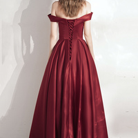 Burgundy satin long prom dress A line evening dress - Thumbnail 5