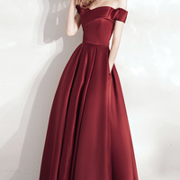 Burgundy satin long prom dress A line evening dress - Thumbnail 6