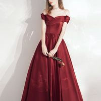 Burgundy satin long prom dress A line evening dress - Thumbnail 7