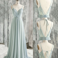 Green chiffon lace long prom dress A line evening dress - Thumbnail 1