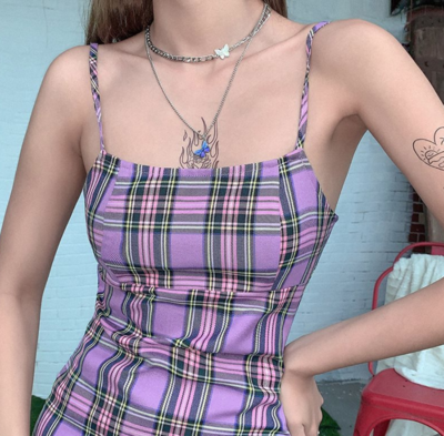 PURPLE PLAID MIDI DRESS 