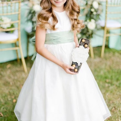 Floor length flower girl dresses with sage sash - Thumbnail 1