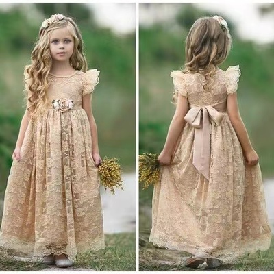 Champagne lace flower girl dresses cap sleeves - Thumbnail 1