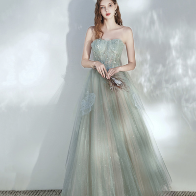 Green tulle lace long prom dress a line evening dress - Thumbnail 1