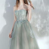 Green tulle lace long prom dress A line evening dress - Thumbnail 1
