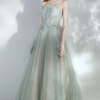Green tulle lace long prom dress A line evening dress - Thumbnail 2