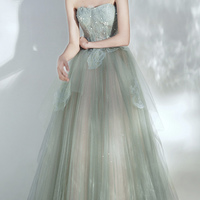 Green tulle lace long prom dress A line evening dress - Thumbnail 3