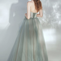 Green tulle lace long prom dress A line evening dress - Thumbnail 4