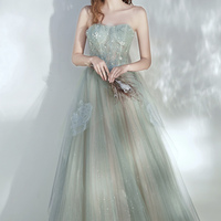 Green tulle lace long prom dress A line evening dress - Thumbnail 5