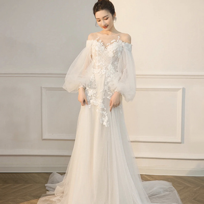 White tulle lace long prom dress a line evening dress - Thumbnail 2