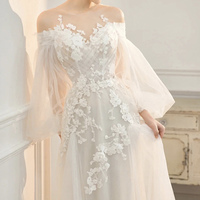 White tulle lace long prom dress A line evening dress - Thumbnail 1