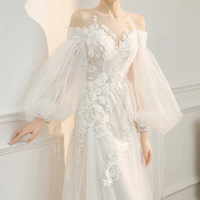 White tulle lace long prom dress A line evening dress - Thumbnail 2