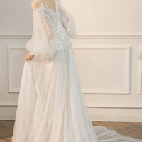 White tulle lace long prom dress A line evening dress - Thumbnail 3