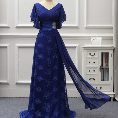 V neck royal blue mother of the bride dresses  - Thumbnail 3