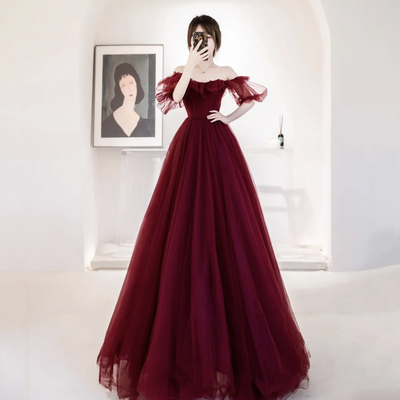 Burgundy tulle long prom dress a line evening dress - Thumbnail 1