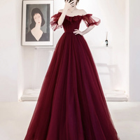 Burgundy Tulle Long Prom Dress A Line Evening Dress - Thumbnail 1