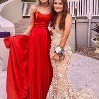SP2102,Simple red spaghetti straps prom dresses long satin evening dress with cross back - Thumbnail 1