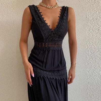 Black v-neck sleeveless lace splicing dress